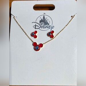 Disney Mickey Or Minnie Mouse Red Necklace & Earrings Set NEW